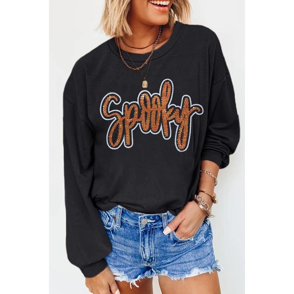Spooky Rhinestone Drop Shoulder Sweatshirt - 2XL